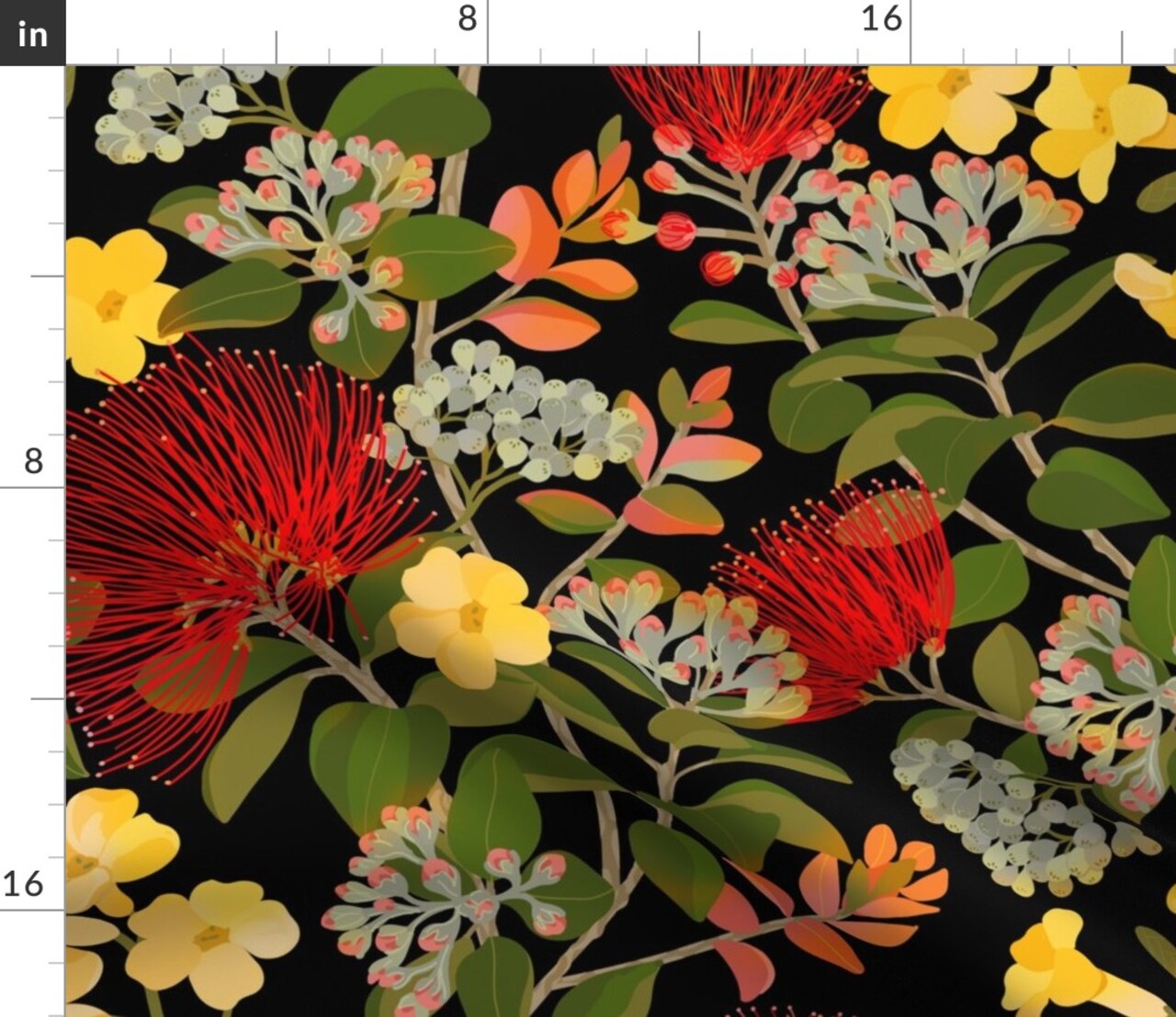 Black Floral Botanical Jungle Tropical Hawaiian Mimosa Tree Flowers Foliage Large Scale Custom Printed Fabric by Spoonflower Various Fabrics by the Yard or Fat Quarter
